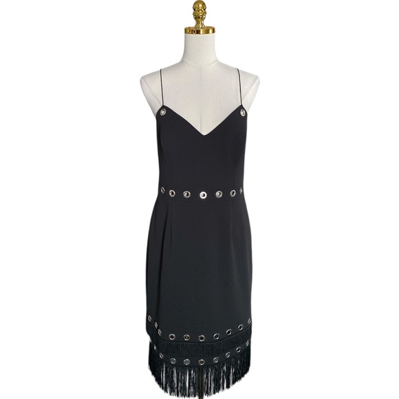 Aidan Mattox Women’s Sleeveless Fringe Metal Grommet Black Cocktail Dress 12 - Picture 6 of 12